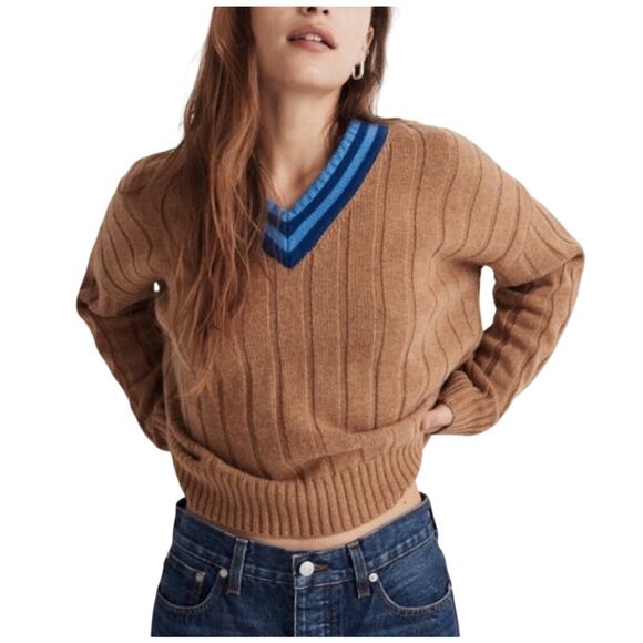 Madewell Sweaters - Madewell Tipped V-Neck Oversized Sweater in Tan With Blue V-Neck SZ SM Wool Blnd
